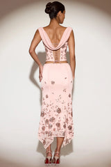 Embellished Mid-Rise Hanky-Hem Midaxi Skirt in Pink