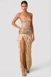 Embellished Ruffle-Trim Strapless Gown in Rose Hotfix