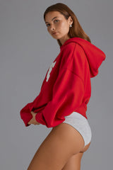 Cotton Fleece Appliqué Oversized Hoodie in Cherry Red
