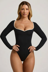 Modal Contrast-Trim Bodysuit in Black