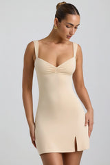 Slinky Jersey Ruched V-Back Mini Dress in Buttercream