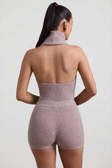 Ribbed-Knit Shorts in Taupe