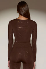 Embellished Crew-Neck Long-Sleeve Top in Chocolate Brown