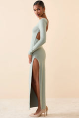 Long Sleeve Backless Maxi Dress in Smoke Green