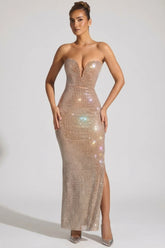 Embellished Strapless Plunge Gown in Almond