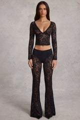 Sheer Lace Plunge-Neck Long-Sleeve Top in Black