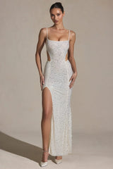 Embellished Cut-Out Fishtail Maxi Dress in White