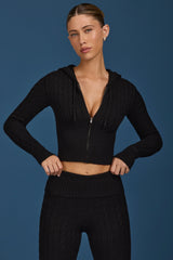 Cable Knit Zip-Up Hoodie in Black