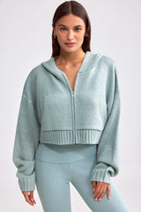 Chunky Knit Zip-Up Cropped Hoodie in Dusty Teal