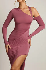 Asymmetric Draped Maxi Dress in Dark Rose