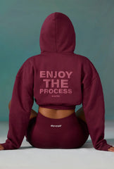 Cotton Fleece Drawstring Cropped Hoodie in Plum