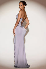 Embellished Cowl-Neck Ruffled Gown Dress in Lilac
