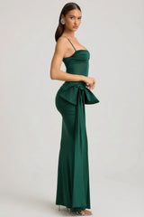 Bow-Detail Ruched Maxi Dress in Emerald Green