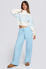 Knit Mid-Rise Wide-Leg Joggers in Powder Blue