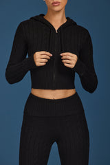Cable Knit Zip-Up Hoodie in Black