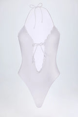 Ruffled Cut-Out Halterneck Swimsuit in White