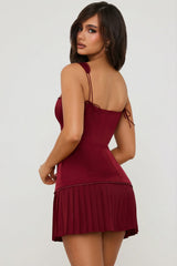 Bow-Detail Lace-Up Corset Mini Dress in Berry Red