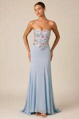 Embellished Corset Fishtail Gown in Floral Blue