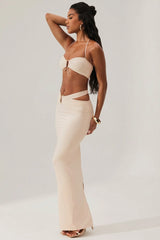 Ruched Waist Hardware Detail Maxi Skirt in Ivory