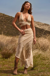 Ruffled Asymmetric Mid-Rise Maxi Skirt in Tan Print