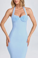 Halterneck Ruffle-Appliqué Midaxi Dress in Powder Blue