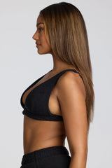 V Neck Fleece Bralette in Black