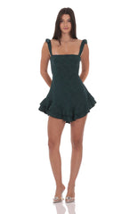 Floral Jacquard Ruffle A-line Dress in Forest Green