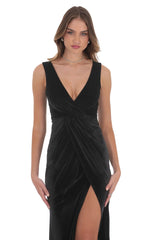 Velvet V-Neck Slit Maxi Dress in Black