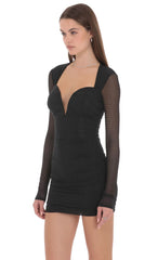 Rhinestone Mesh Long Sleeve Mini Dress in Black
