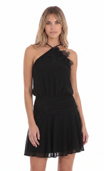 Floral Appliqué Halter Mini Dress in Black