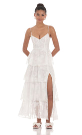 Floral Ruffle A-line Maxi Dress in White