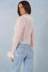 Faux Fur-Trim Sheer Top in Ivory