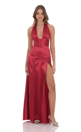 Satin Halter Maxi Dress in Red