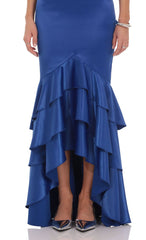 Strapless Ruffle Satin Maxi Dress in Cobalt Blue