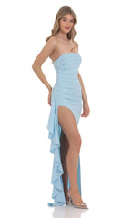 Strapless Ruched Ruffle Maxi Dress in Blue