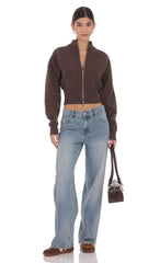 Knit Mock Neck Zip-Up Cardigan in Brown