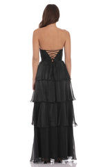 Corset Ruffle Strapless Maxi Dress in Black