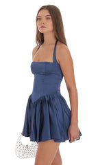Satin Halter A-line Dress in Slate Blue