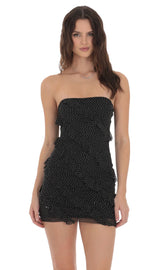 Mesh Rhinestone Strapless Ruffle Dress in Black