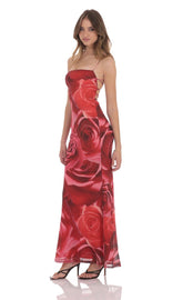 Floral Bodycon Open Back Maxi Dress in Red