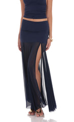 Mesh Fishtail Maxi Skirt in Navy