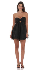 Dotted Cutout Babydoll Dress in Black