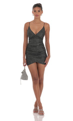 Shimmer Ruched Cross-Back Dress in Black