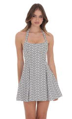 Floral Striped Halter Open Back Dress in Black and White