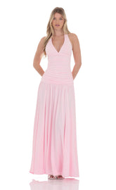 Halter Drop Waist Maxi Dress in Pink