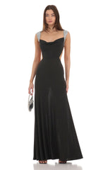 Silver Sequin Open Back Cowl Neck Dress in Black