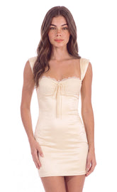Lace Trim Satin Mini Dress in Cream