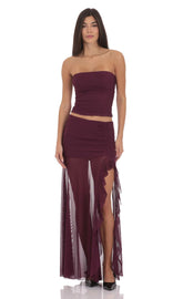 Mesh Fishtail Maxi Skirt in Plum