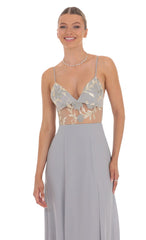 Embroidered Floral Cutout Maxi Dress in Grey