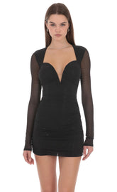Rhinestone Mesh Long Sleeve Mini Dress in Black